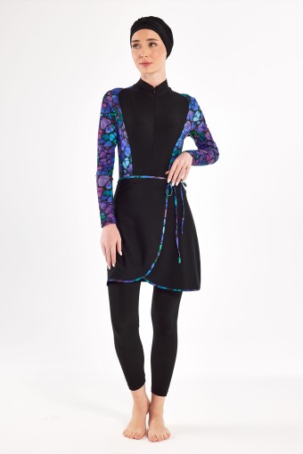 ADASEA - Adasea Kadın Edda 3'lü Tam Kapalı Tesettür Mayo Desenli - Siyah