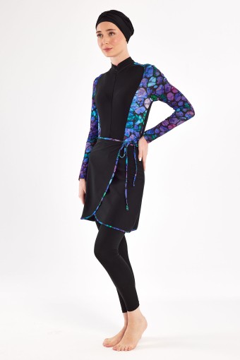 ADASEA - Adasea Kadın Edda 3'lü Tam Kapalı Tesettür Mayo Desenli - Siyah (1)