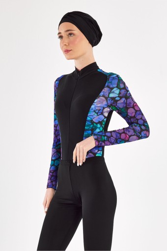 ADASEA - Adasea Kadın Edda 3'lü Tam Kapalı Tesettür Mayo Desenli - Siyah (1)