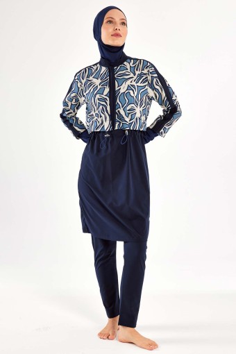 ADASEA - Adasea Kadın Feyra Tam Tesettür Mayo Desenli - Koyu Lacivert