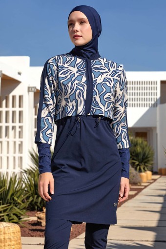 ADASEA - Adasea Kadın Feyra Tam Tesettür Mayo Desenli - Koyu Lacivert (1)