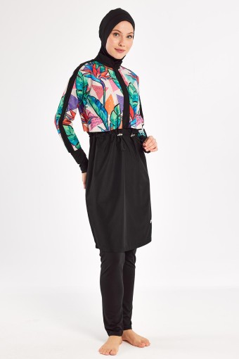 ADASEA - Adasea Kadın Sherry Tam Tesettür Mayo Desenli - Siyah