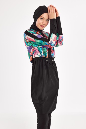 ADASEA - Adasea Kadın Sherry Tam Tesettür Mayo Desenli - Siyah (1)