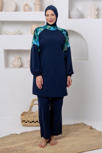 ADASEA - Adasea Kadın Tam Kapalı Tesettür Mayo Büyük Beden Kol Paça Lastikli Taşlı - Koyu Lacivert (1)