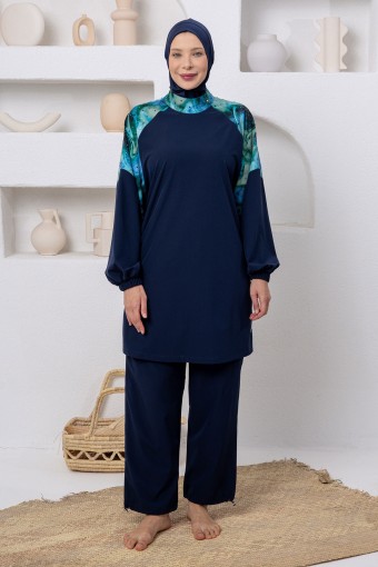 ADASEA - Adasea Kadın Tam Kapalı Tesettür Mayo Büyük Beden Kol Paça Lastikli Taşlı - Koyu Lacivert