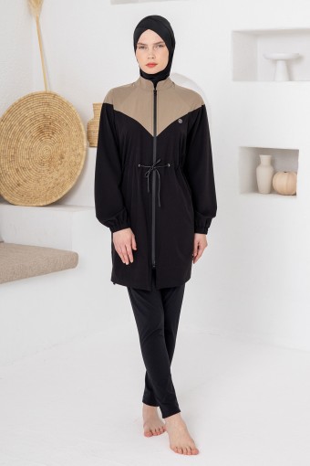 ADASEA - Adasea Kadın Tam Kapalı Tesettür Mayo Büyük Beden Spor Likralı Fermuarlı Beli Lastikli - Siyah