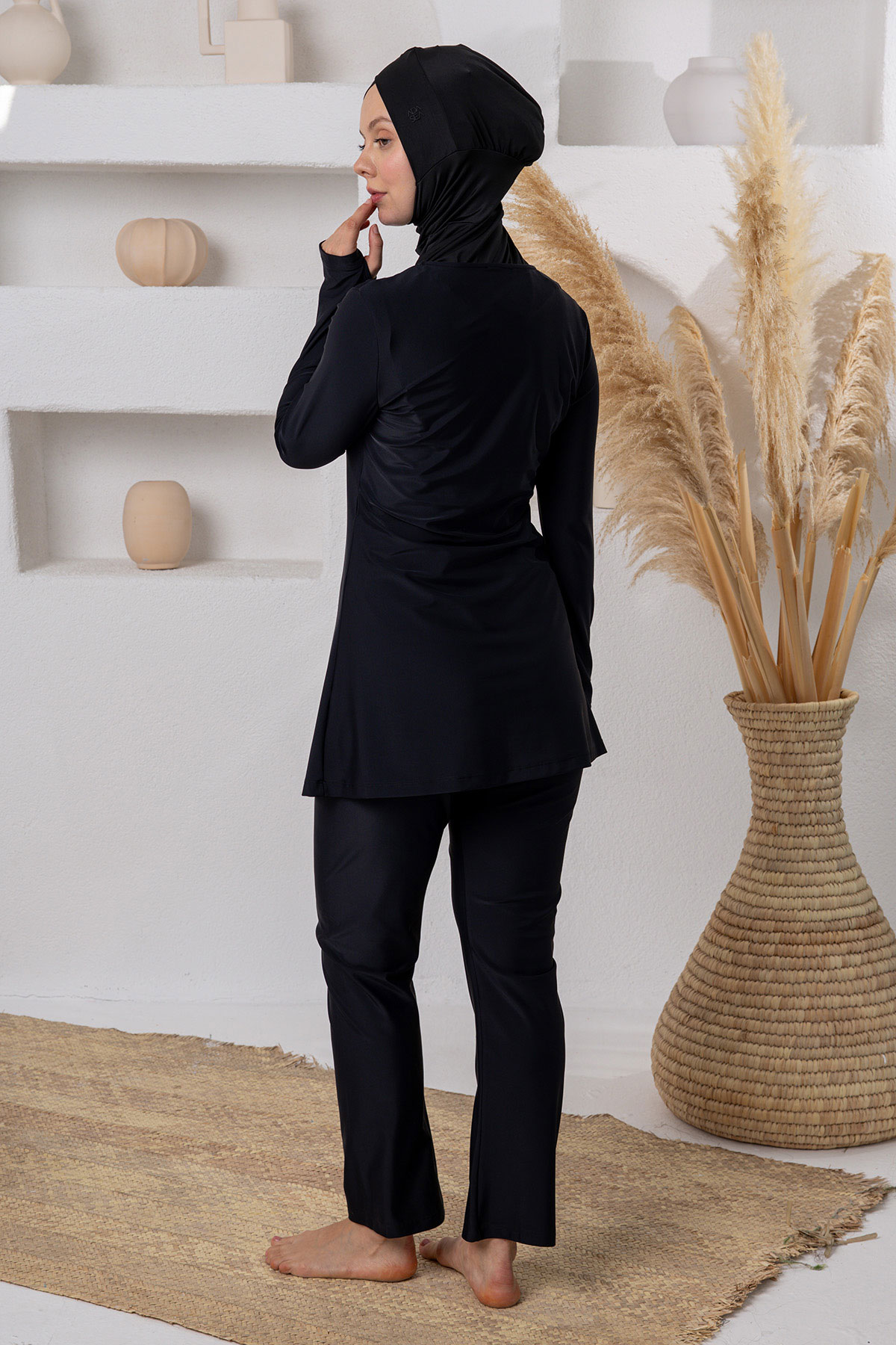 Adasea Kadın Tam Kapalı Tesettür Mayo Jileli Spor Likralı - Siyah - Thumbnail