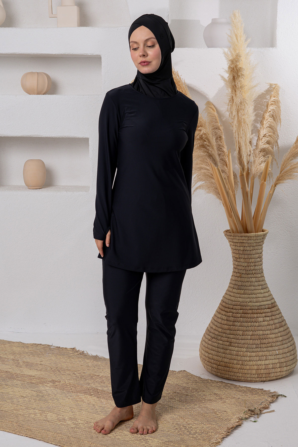 Adasea Kadın Tam Kapalı Tesettür Mayo Jileli Spor Likralı - Siyah - Thumbnail