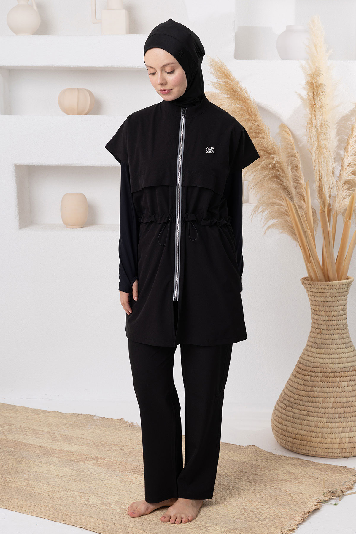 Adasea Kadın Tam Kapalı Tesettür Mayo Jileli Spor Likralı - Siyah - Thumbnail