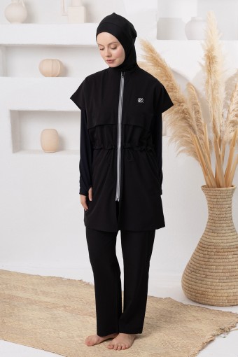 ADASEA - Adasea Kadın Tam Kapalı Tesettür Mayo Jileli Spor Likralı - Siyah