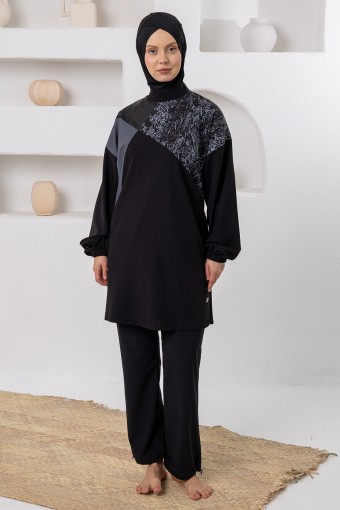 ADASEA - Adasea Kadın Tam Kapalı Tesettür Mayo Kol Paça Lastikli Spor Likralı - Siyah