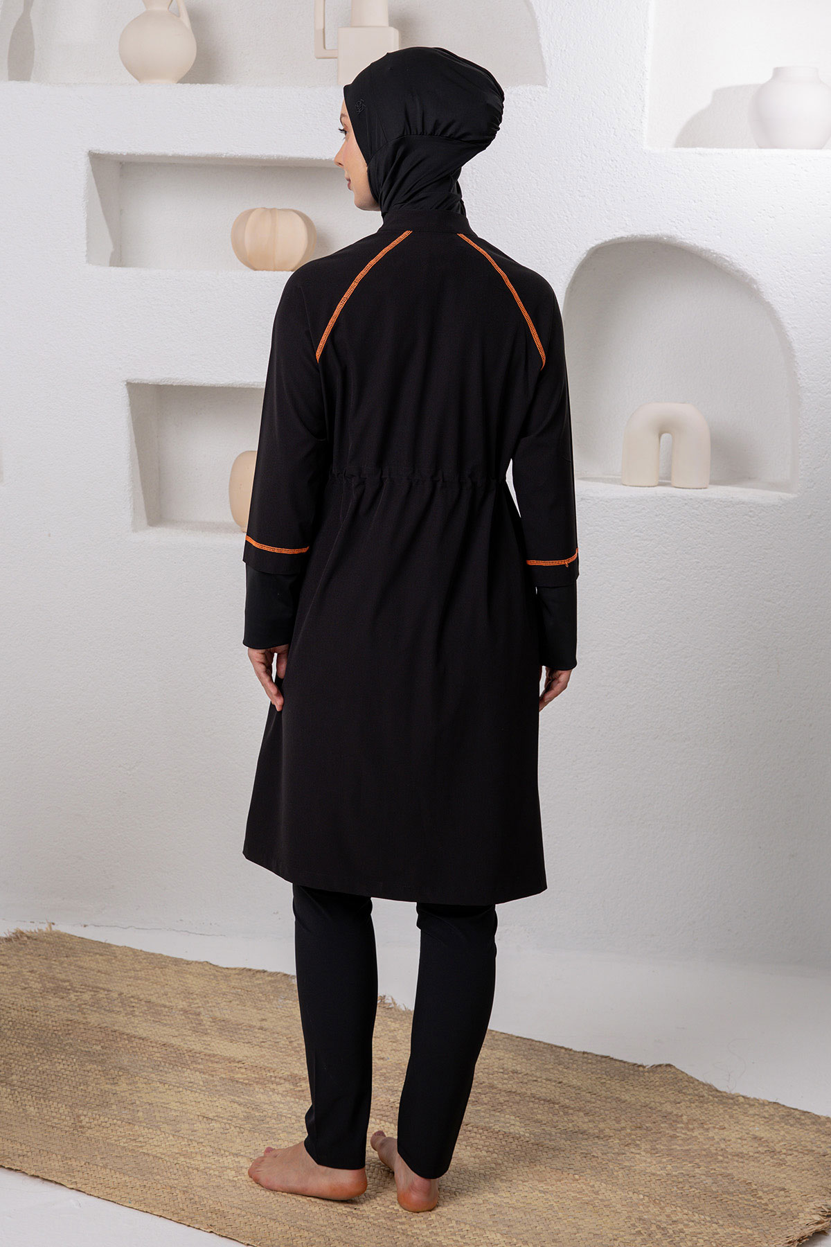 Adasea Kadın Tam Kapalı Tesettür Mayo Renkli Biyeli Spor Likralı Fermuarlı - Siyah - Thumbnail