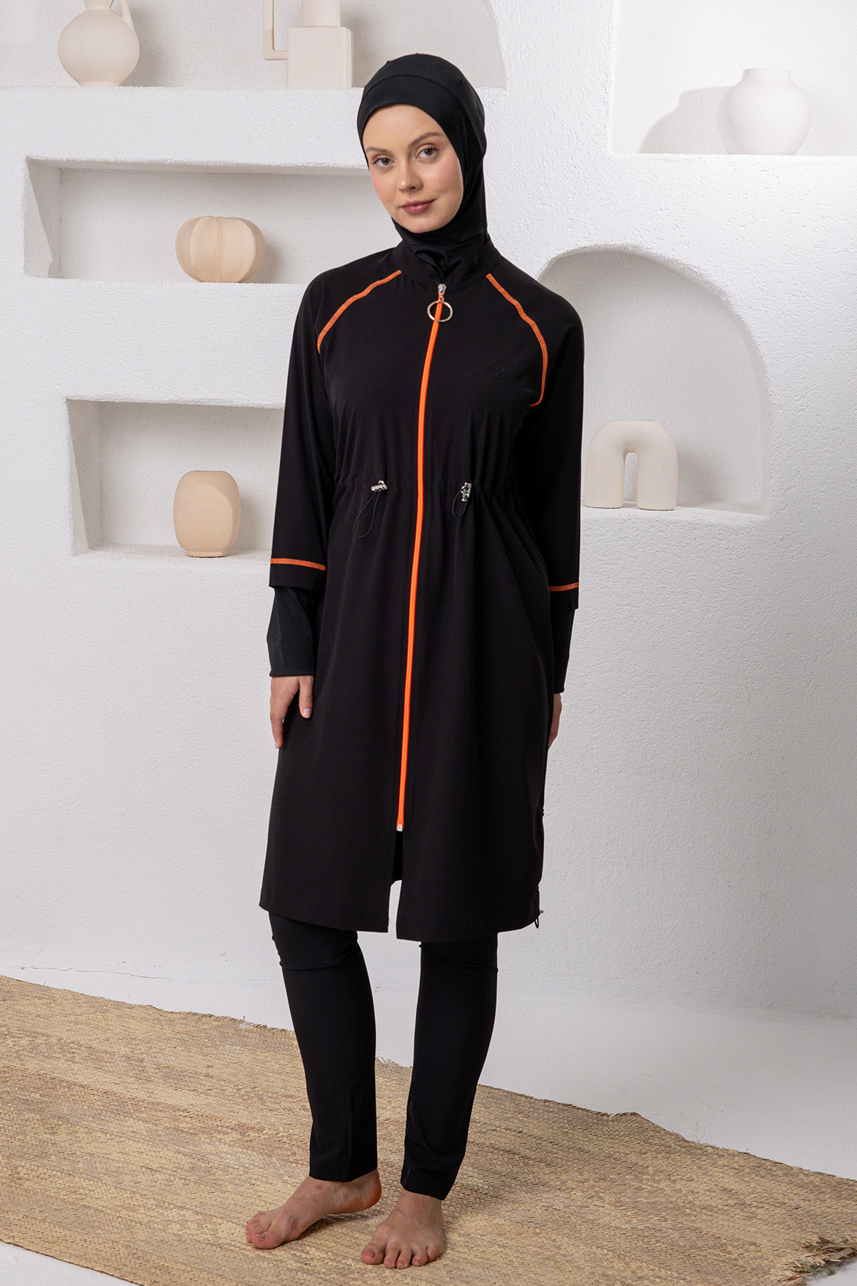 Adasea Kadın Tam Kapalı Tesettür Mayo Renkli Biyeli Spor Likralı Fermuarlı - Siyah - Thumbnail