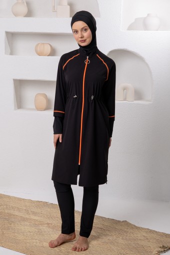 ADASEA - Adasea Kadın Tam Kapalı Tesettür Mayo Renkli Biyeli Spor Likralı Fermuarlı - Siyah (1)