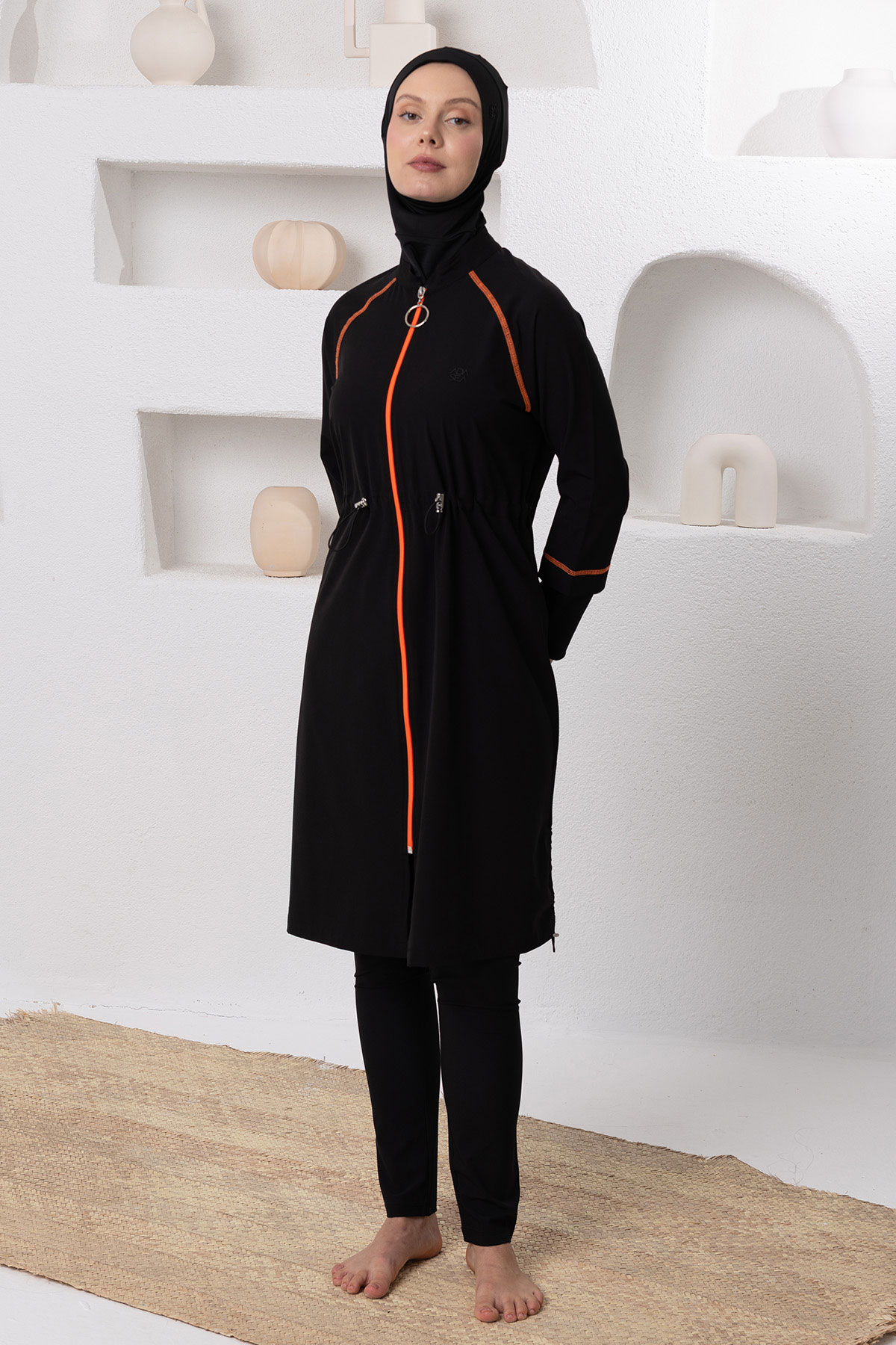 Adasea Kadın Tam Kapalı Tesettür Mayo Renkli Biyeli Spor Likralı Fermuarlı - Siyah - Thumbnail