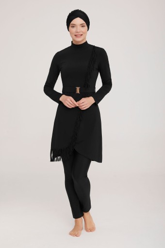 ADASEA - Adasea Kadın Tam Kapalı Tesettür Mayo Boydan Çapraz Püskül Detaylı - Siyah