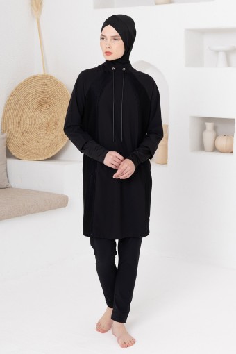 ADASEA - Adasea Kadın Tam Kapalı Tesettür Mayo Spor Likralı Bağcıklı Yaka Yan File Deri Görünümlü - Siyah (1)