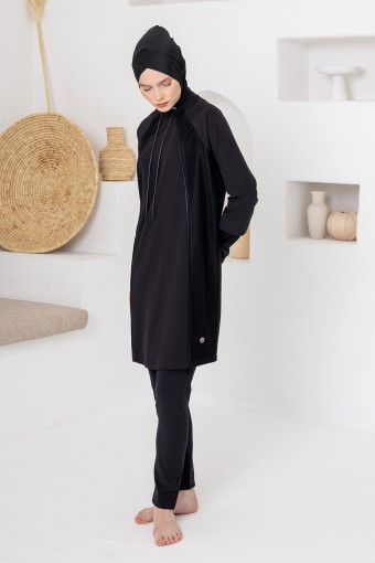 ADASEA - Adasea Kadın Tam Kapalı Tesettür Mayo Spor Likralı Bağcıklı Yaka Yan File Deri Görünümlü - Siyah
