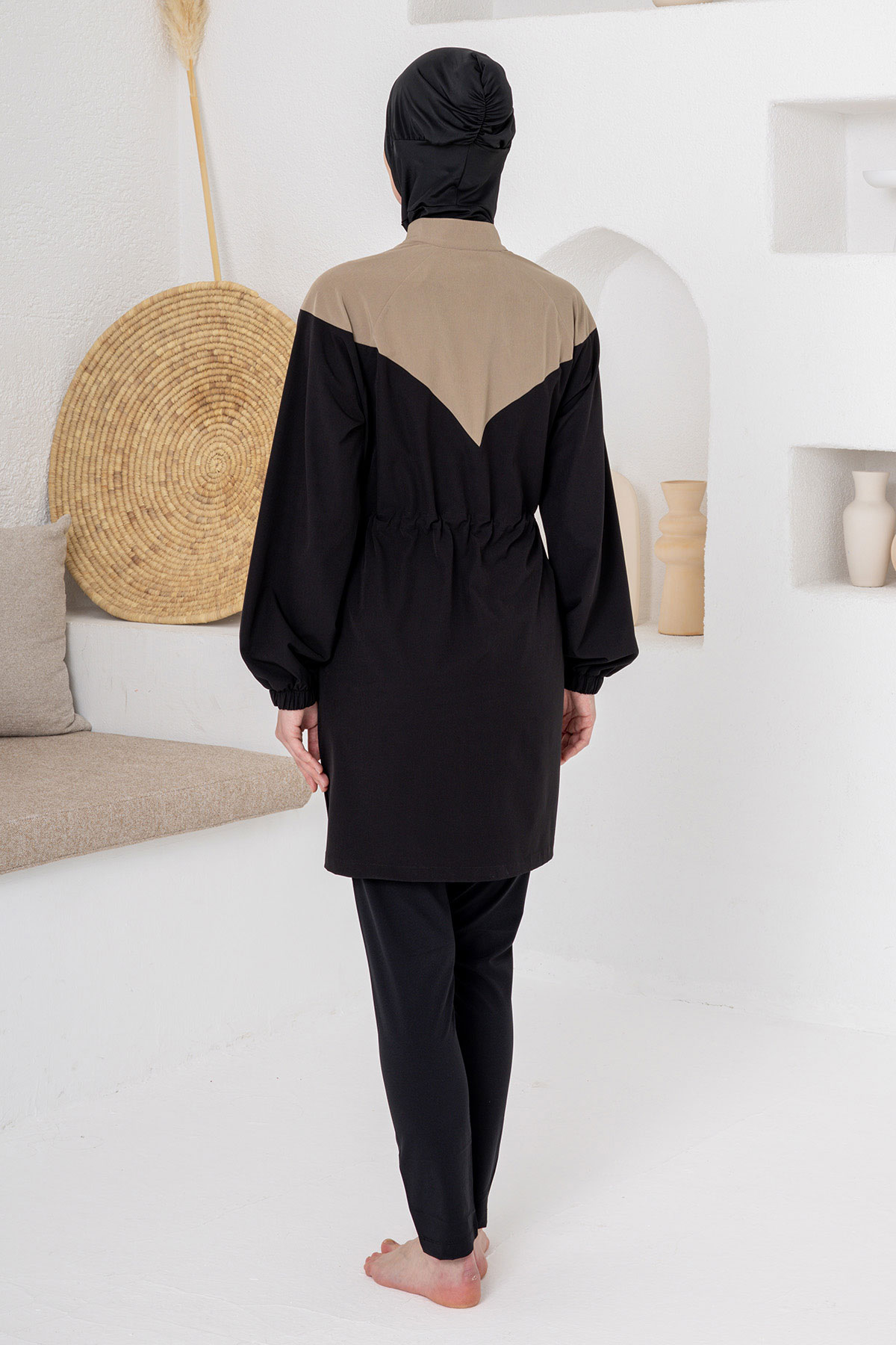 Adasea Kadın Tam Kapalı Tesettür Mayo Spor Likralı Fermuarlı Beli Lastikli - Siyah - Thumbnail