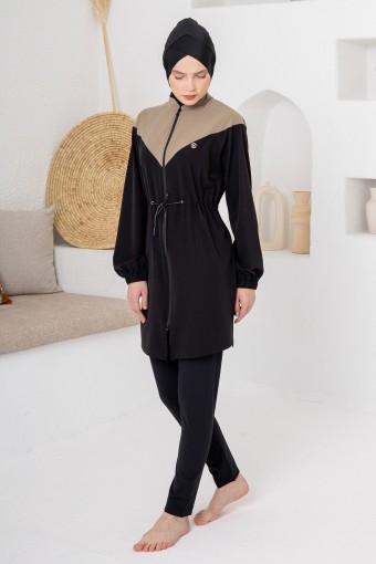 ADASEA - Adasea Kadın Tam Kapalı Tesettür Mayo Spor Likralı Fermuarlı Beli Lastikli - Siyah (1)