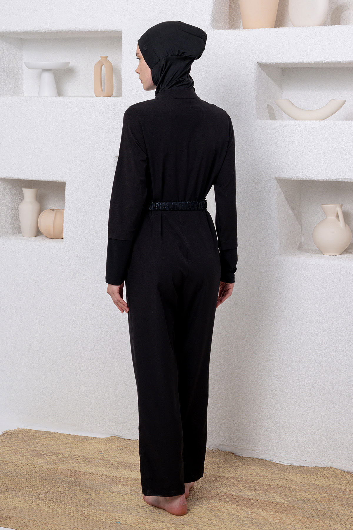 Adasea Kadın Tam Kapalı Tesettür Mayo Tulum Fermuarlı Beli Kemerli Spor Likralı - Siyah - Thumbnail