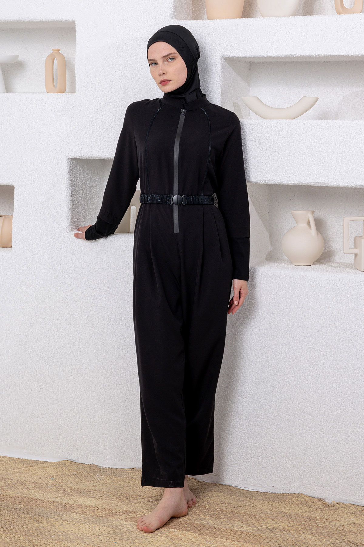 Adasea Kadın Tam Kapalı Tesettür Mayo Tulum Fermuarlı Beli Kemerli Spor Likralı - Siyah - Thumbnail