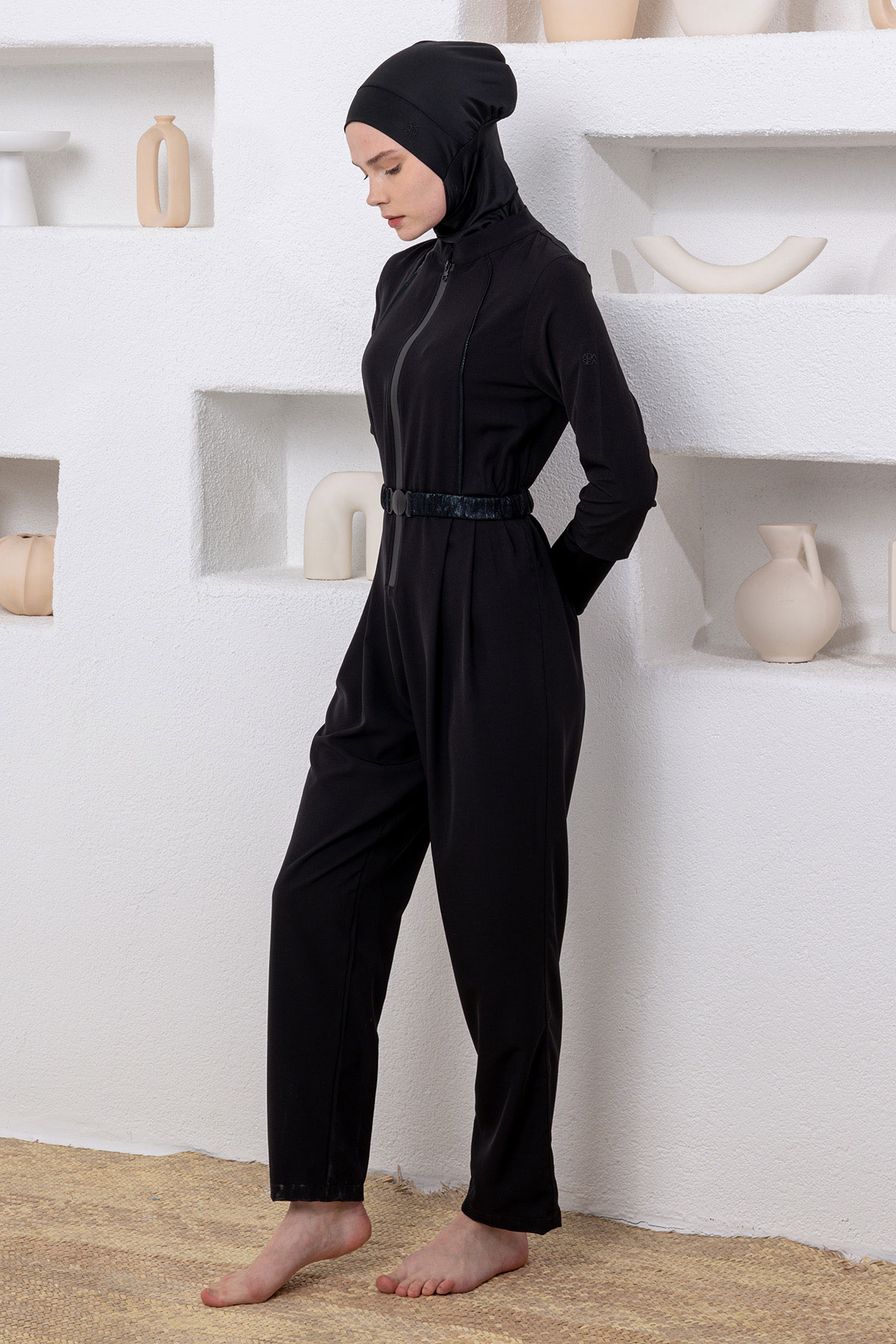 Adasea Kadın Tam Kapalı Tesettür Mayo Tulum Fermuarlı Beli Kemerli Spor Likralı - Siyah - Thumbnail