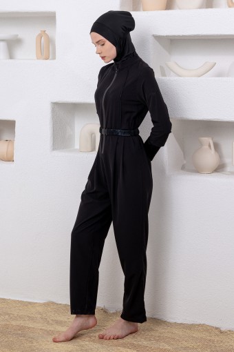 ADASEA - Adasea Kadın Tam Kapalı Tesettür Mayo Tulum Fermuarlı Beli Kemerli Spor Likralı - Siyah (1)