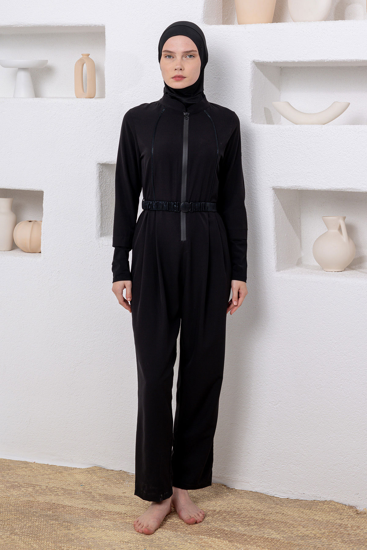 Adasea Kadın Tam Kapalı Tesettür Mayo Tulum Fermuarlı Beli Kemerli Spor Likralı - Siyah - Thumbnail