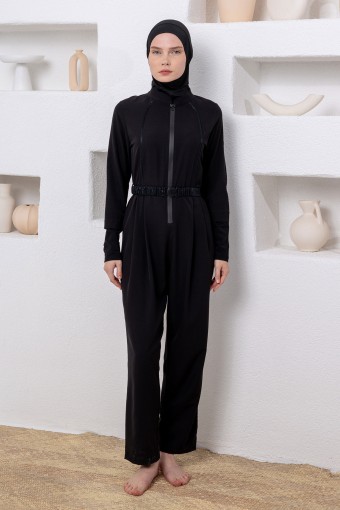 ADASEA - Adasea Kadın Tam Kapalı Tesettür Mayo Tulum Fermuarlı Beli Kemerli Spor Likralı - Siyah
