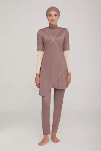 ADASEA - Adasea Kadın Tam Kapalı Tesettür Mayo Çapraz Kesim Detaylı - Vizon