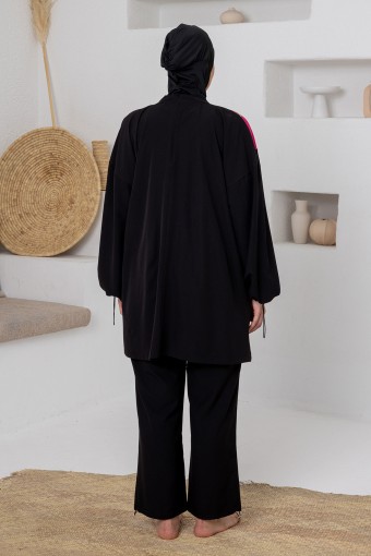 ADASEA - Adasea Kadın Tam Tesettür Mayo Büyük Beden Eldon Spor Likralı Desenli Lastikli Paça - Siyah (1)