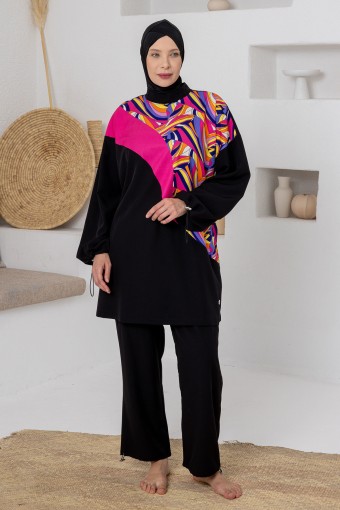 ADASEA - Adasea Kadın Tam Tesettür Mayo Büyük Beden Eldon Spor Likralı Desenli Lastikli Paça - Siyah