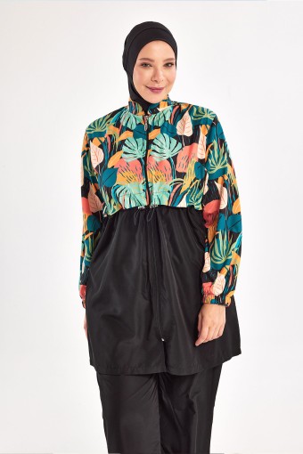 ADASEA - Adasea Kadın Tam Tesettür Mayo Büyük Beden Melanie Paraşüt Desenli Boydan Fermuarlı Ayarlanabilir Paça - Siyah (1)