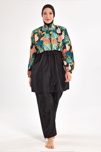 ADASEA - Adasea Kadın Tam Tesettür Mayo Büyük Beden Melanie Paraşüt Desenli Boydan Fermuarlı Ayarlanabilir Paça - Siyah