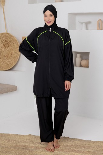 ADASEA - Adasea Kadın Tam Tesettür Mayo Büyük Beden Payton Paraşüt Boydan Fermuarlı Ayarlanabilir Paça - Siyah (1)
