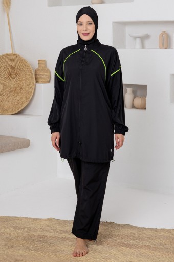 ADASEA - Adasea Kadın Tam Tesettür Mayo Büyük Beden Payton Paraşüt Boydan Fermuarlı Ayarlanabilir Paça - Siyah