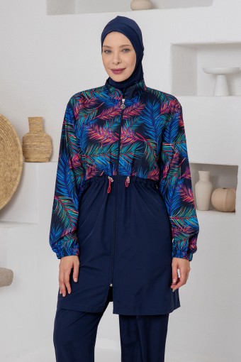 ADASEA - Adasea Kadın Tam Tesettür Mayo Büyük Beden Valer Paraşüt Desenli Boydan Fermuarlı Ayarlanabilir Paça - Koyu Lacivert (1)