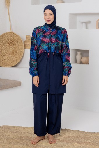 ADASEA - Adasea Kadın Tam Tesettür Mayo Büyük Beden Valer Paraşüt Desenli Boydan Fermuarlı Ayarlanabilir Paça - Koyu Lacivert