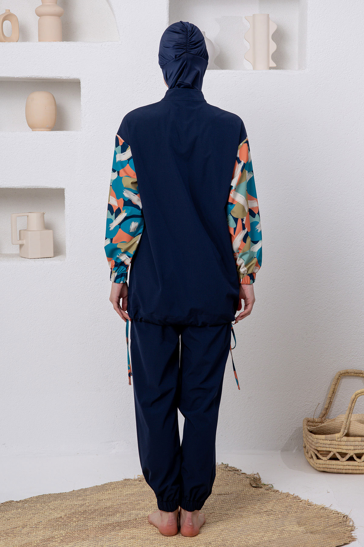 Adasea Kadın Tam Tesettür Mayo Harper Üst Desenli Paça Manşetli Spor Likra - Koyu Lacivert - Thumbnail