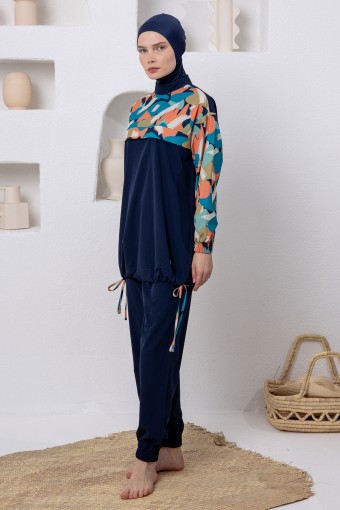 ADASEA - Adasea Kadın Tam Tesettür Mayo Harper Üst Desenli Paça Manşetli Spor Likra - Koyu Lacivert (1)