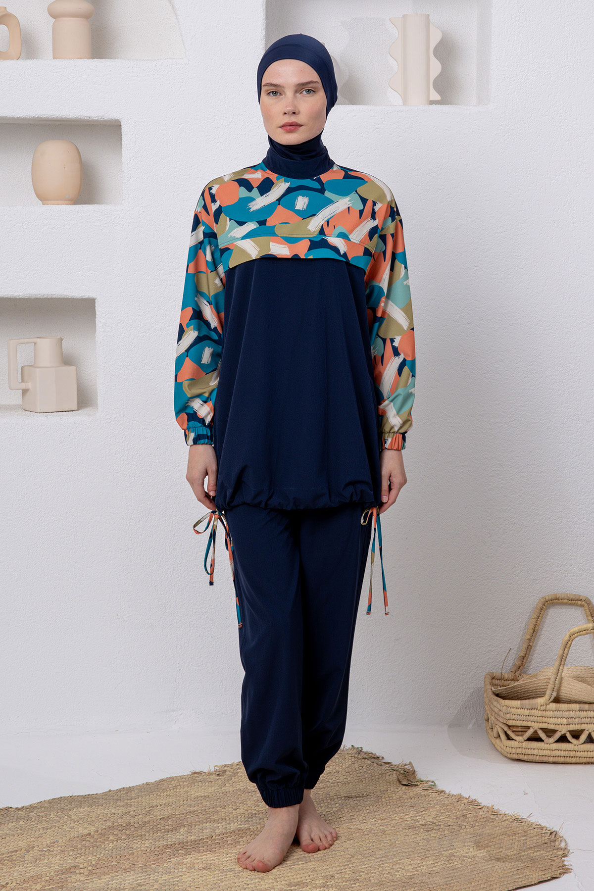 Adasea Kadın Tam Tesettür Mayo Harper Üst Desenli Paça Manşetli Spor Likra - Koyu Lacivert - Thumbnail