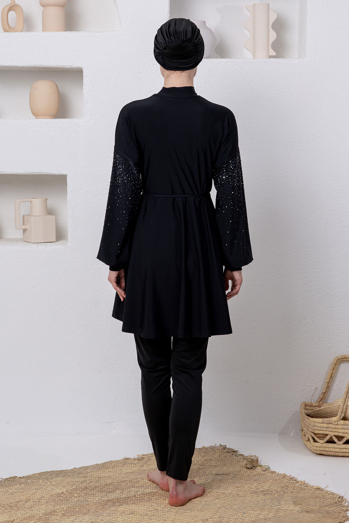 Adasea Kadın Tam Tesettür Mayo Kanady Kolları Taşlı Likralı - Siyah - Thumbnail