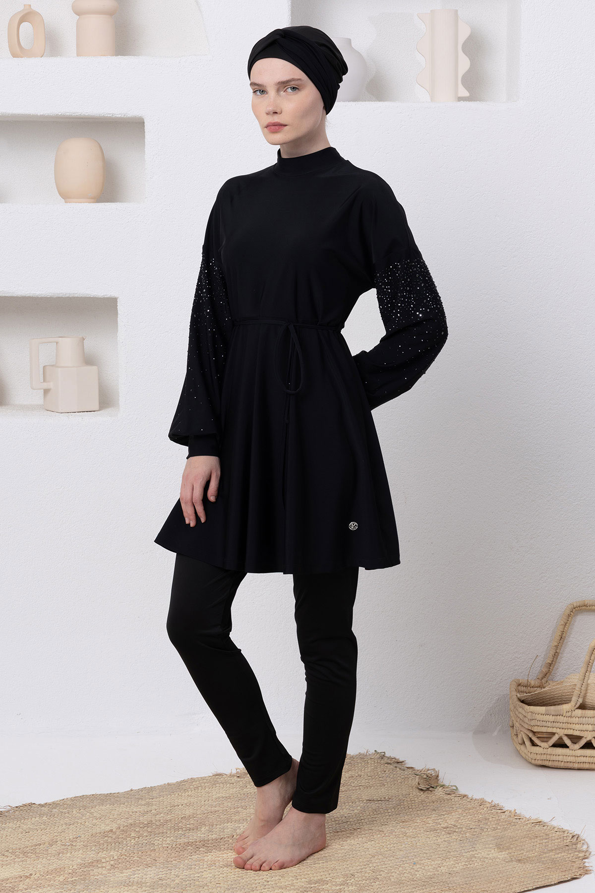 Adasea Kadın Tam Tesettür Mayo Kanady Kolları Taşlı Likralı - Siyah - Thumbnail