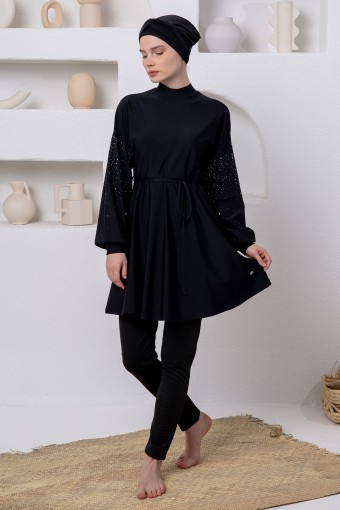 ADASEA - Adasea Kadın Tam Tesettür Mayo Kanady Kolları Taşlı Likralı - Siyah