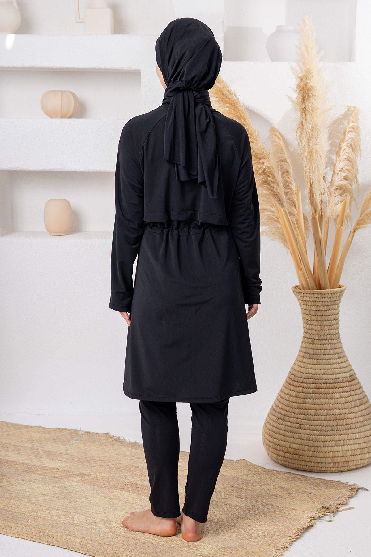Adasea Kadın Tam Tesettür Mayo Maria Likralı Ayarlanabilir Bel Yarım Fermuarlı Beli Lastikli - Siyah - Thumbnail