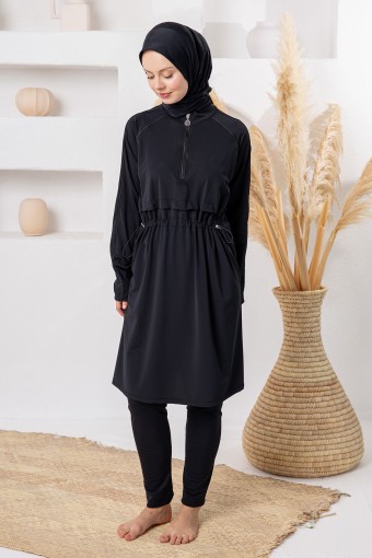 ADASEA - Adasea Kadın Tam Tesettür Mayo Maria Likralı Ayarlanabilir Bel Yarım Fermuarlı Beli Lastikli - Siyah (1)
