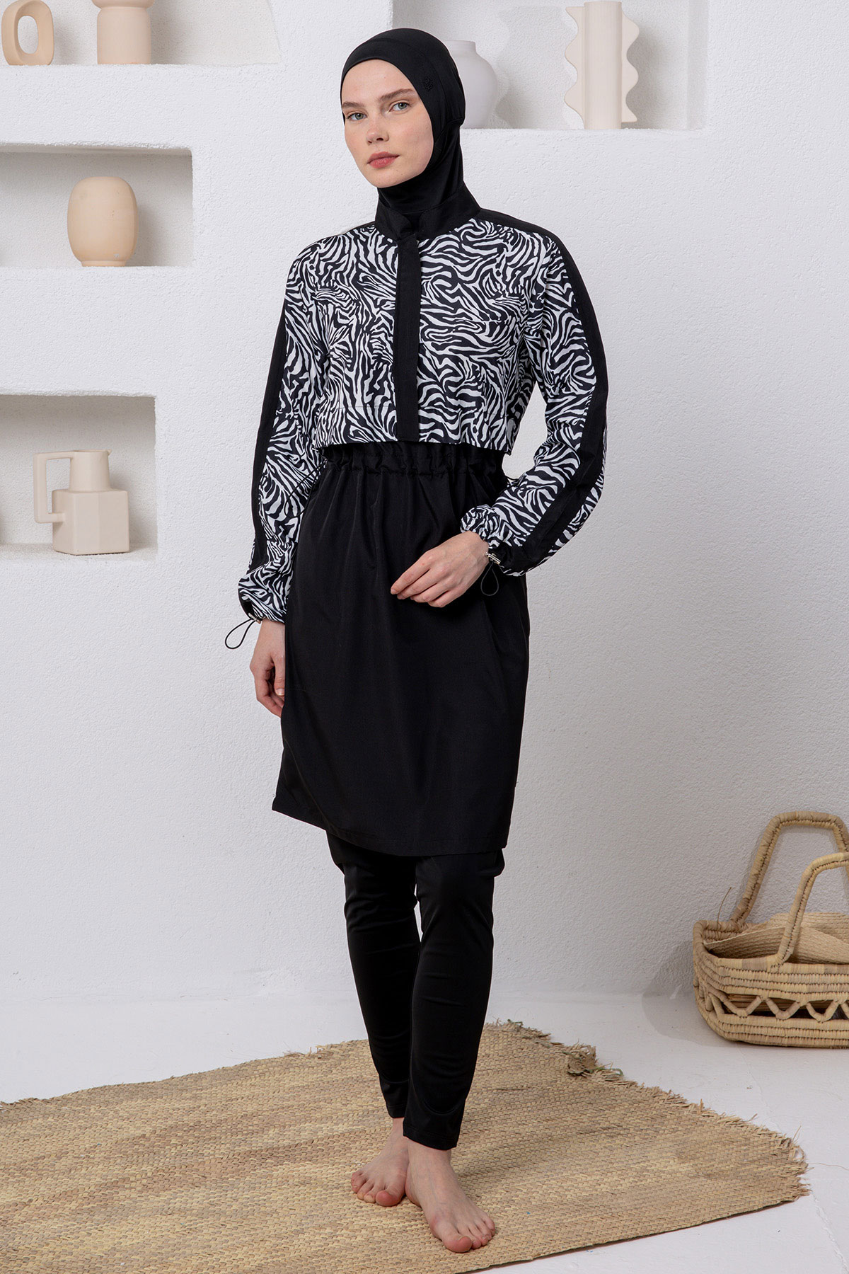 Adasea Kadın Tam Tesettür Mayo Melori Jileli Paraşüt - Siyah - Thumbnail