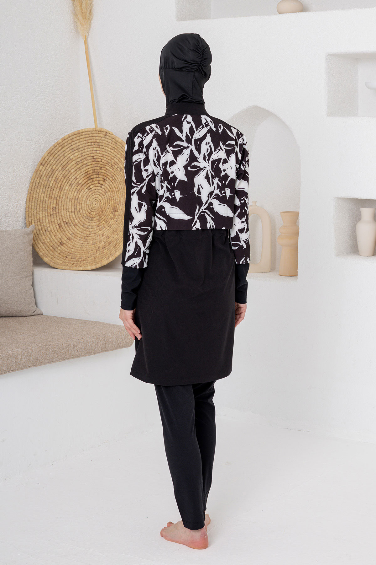 Adasea Kadın Tam Tesettür Mayo Pera Likralı Ayarlanabilir Bel Yarım Fermuarlı Üst Crop - Siyah - Thumbnail