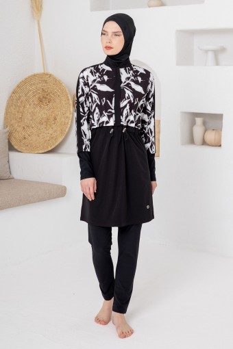 ADASEA - Adasea Kadın Tam Tesettür Mayo Pera Likralı Ayarlanabilir Bel Yarım Fermuarlı Üst Crop - Siyah